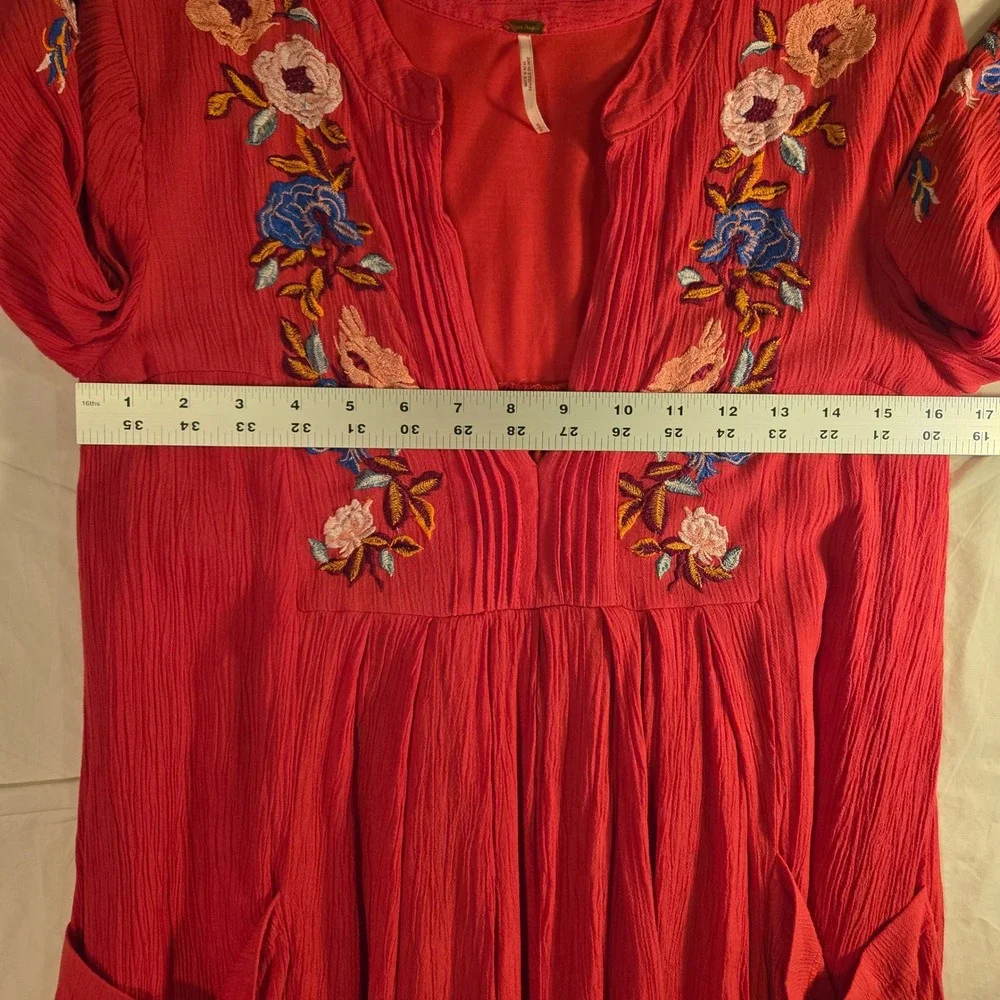 Free People Mia Embroidered Gauze Mini Dress Long Sleeve Boho, Size S, Red